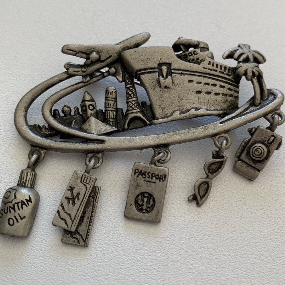 Vintage Danecraft Cruise Ship Travel Passport Dangle Pewter Pin Brooch
